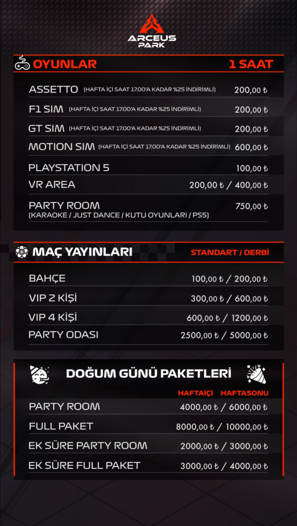 Oyun simülatörleri, VR alanı, PlayStation 5 ve doğum günü odası fiyatları – Arceus Park Antalya
